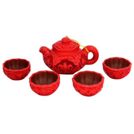 【中藝堂】朱江 手工雕漆剔红洪福齐天茶壶套装