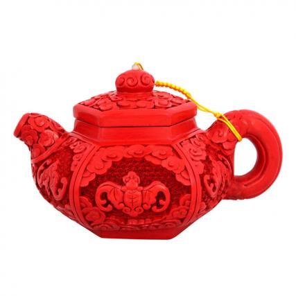 【中藝堂】朱江 手工雕漆剔红洪福齐天茶壶套装