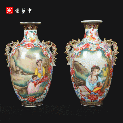 复刻台北故宫乾隆奇珍·珐琅彩西洋人物螭耳瓶 | 王辉督造，黑地百花，开光见奇 | 珍藏一对，纳中西之美