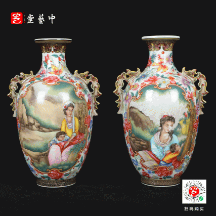 复刻台北故宫乾隆奇珍·珐琅彩西洋人物螭耳瓶 | 王辉督造，黑地百花，开光见奇 | 珍藏一对，纳中西之美